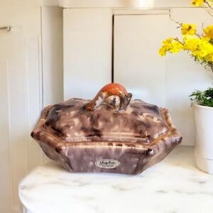 Jasba Keramik VTG Covered Dish W Germany Swirl Cream Mauve Brown